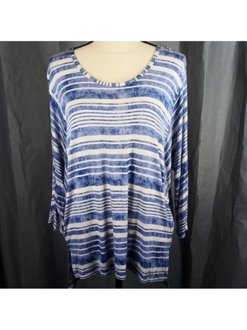 New Directions top, blue and white striped, dolman sleeves, size S